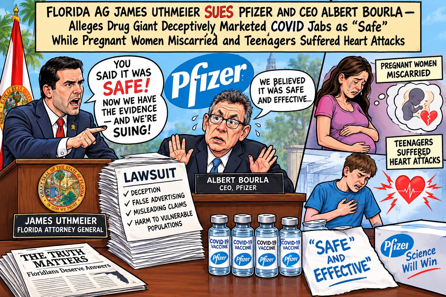 Florida AG James Uthmeier SUES Pfizer and CEO Albert Bourla — Alleges Drug Giant Deceptively Marketed COVID Jabs as “Safe” While Pregnant Women Miscarried and Teenagers Suffered Heart Attacks